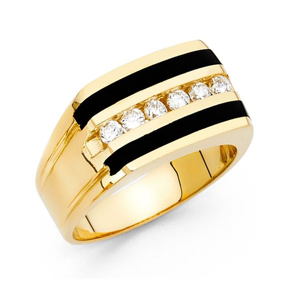 Men's Black Onyx Ring Round Real Solid 14K Yellow Gold Wedding Band